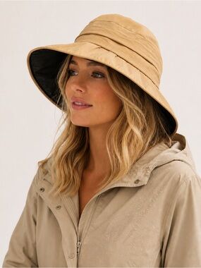 Tan Waterproof Packable Rain Hat Bow Detail Travel Cloche OS